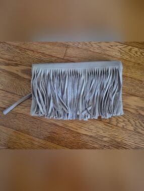 B-Low The Belt Genuine Leather Taupe Foldover Clutch with Fringe Leather Trim